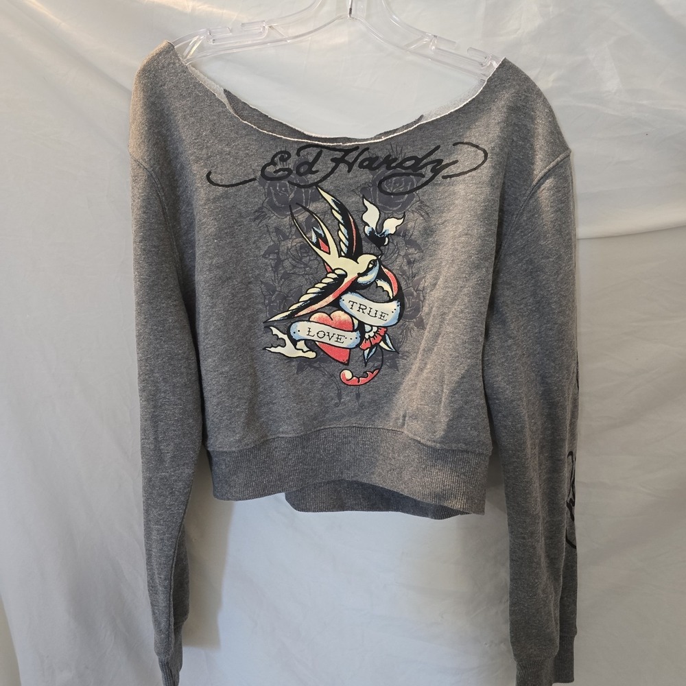 Ed Hardy Gray Cropped Sweatshirt Tattoo Graphic True Love Logo Y2K Style M *Cut